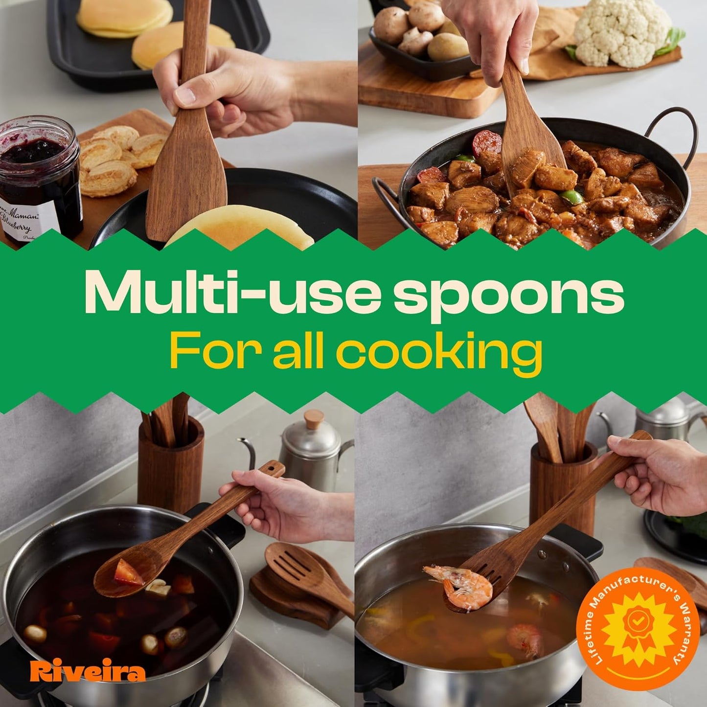 Riveira Teak Wooden Cooking Utensils Set of 6 Premium Quality Non-Toxic Wooden Spoons & Spatula for Cooking, Stirring & Serving