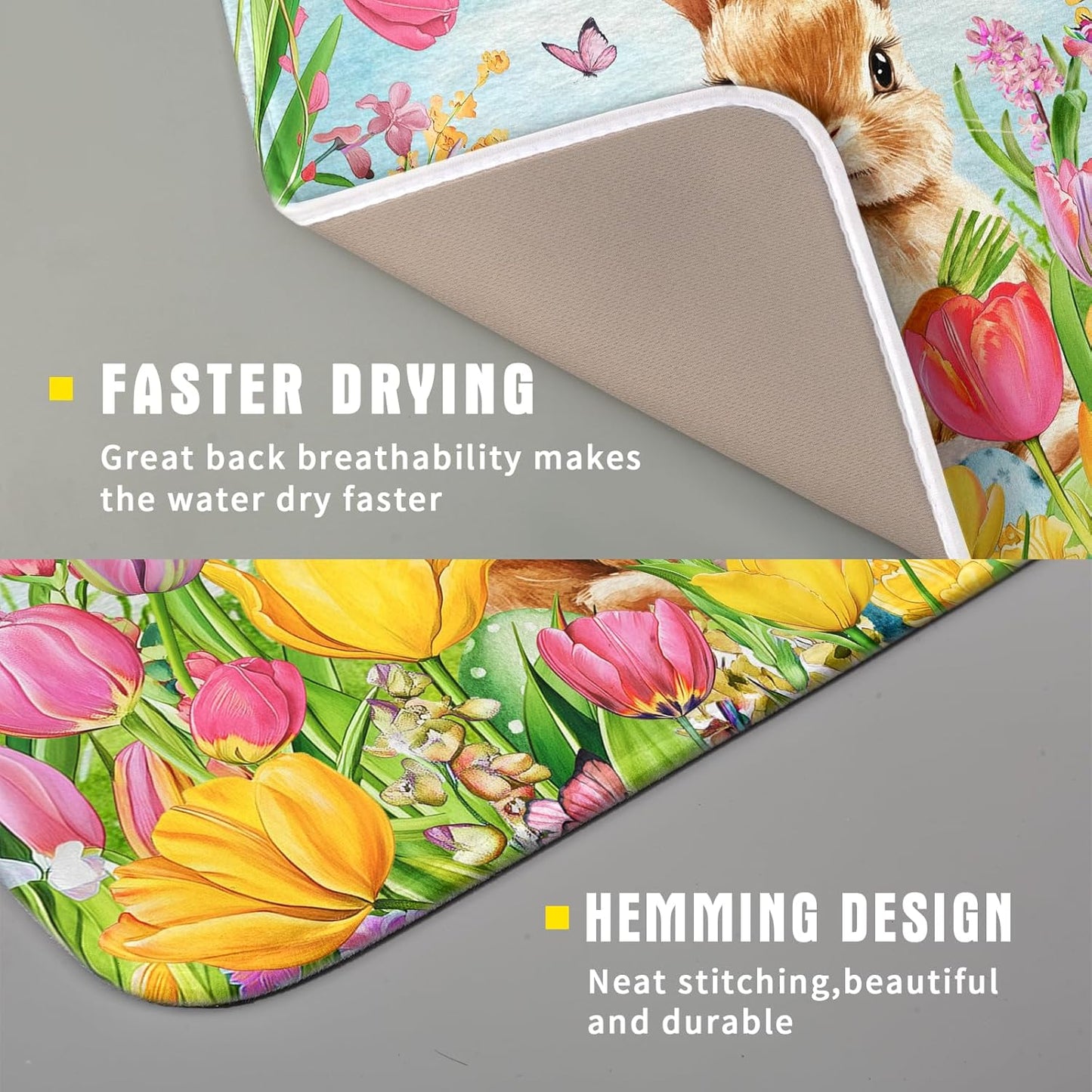 Easter Bunny Dish Drying Mats 16x18 Inch,Colorful Painting Tulip Flowers Leaves Absorbent Microfiber Dishes Drainer Rack Mat Fast Dry Drying Pad for Countertop Sink Holiday Decor