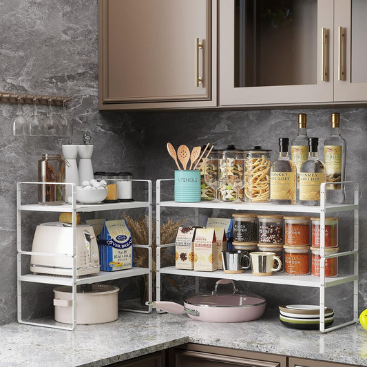 Hole Pattern Expandable Shelf Organizer,2Pack 10.2" Wide Easy to Assemble Cabinet Organizer Shelf, 16.5~27.1" Adjustable Height&Stackable Spice Organization for Cupboard, White