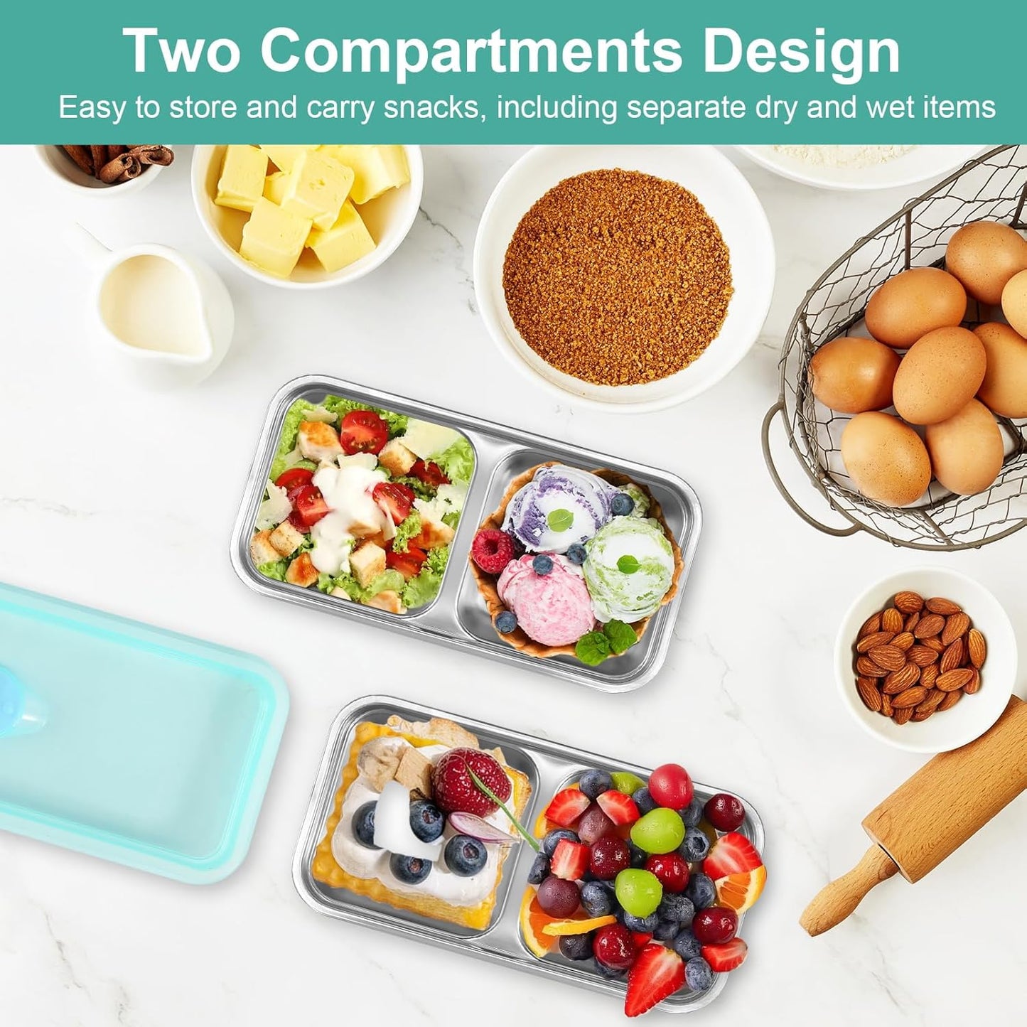 Stainless Steel Snack Containers, 2 Pack Double Compartment Food Storage Containers with Lids, Containers Reusable Stainless Steel Divided Meal for Travel Outdoor Camping