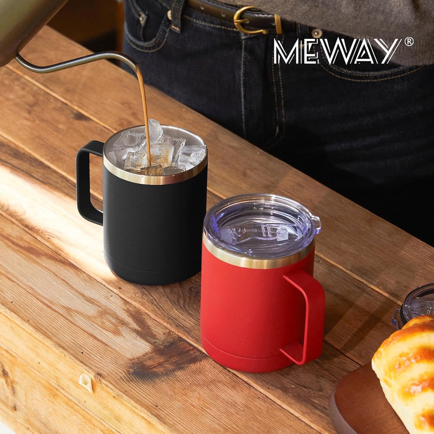 MEWAY 12oz Coffee Mug With Handle 2 Pack Bulk,Stainless Steel Insulated Travel Tumblers With Sliding Lid,Double Wall Vacuum Camping Cup for Hot & Cold Drinks Tea (Black,Set of 2)