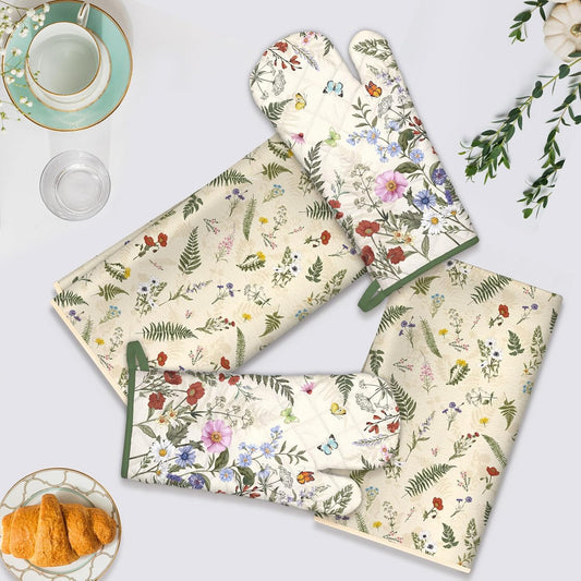 Rustic Flower Kitchen Towels and Oven Mitts Set 4Pcs, Soft Absorbent Dish Cloth Heat Resistant Oven Gloves for Cooking Baking Kitchen Decoration, Gifts for Her