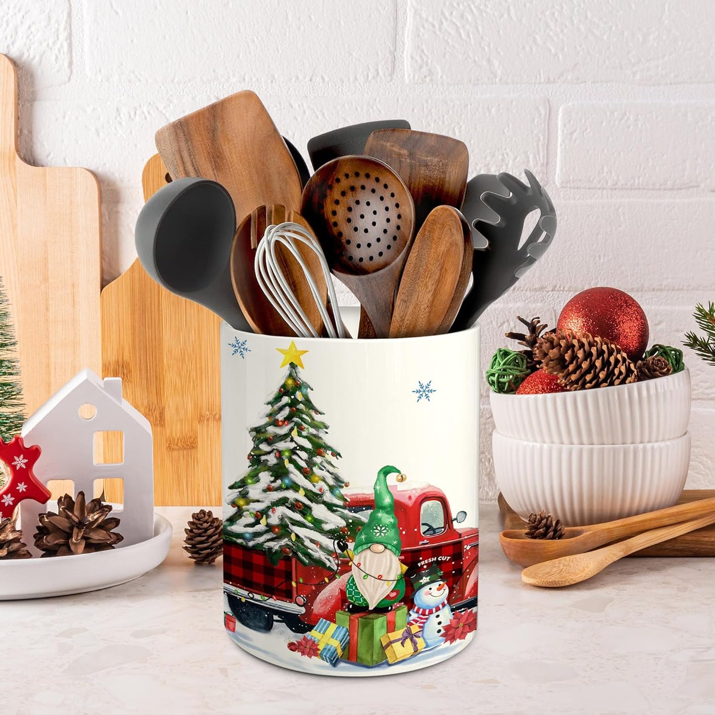 pinata Christmas Kitchen Decor Ceramic Utensil Holder, Cute Christmas Gnome Truck Utensils Holder, Xmas Ceramic Utensils Crock for Rustic Farmhouse Indoor Kitchen Decorations(6.3 Inches)