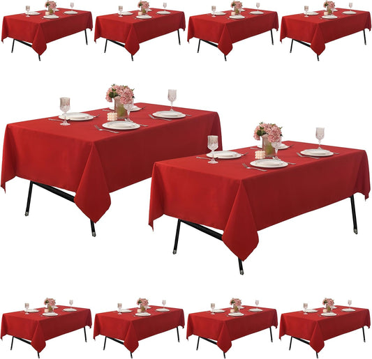 10-Pack 60x102 inch Red Table Cloths, Solid Stain and Wrinkle Resistant Oblong Tablecloth, Premium Plain Weave Polyester Fabric Rectangle Table Linen Covers for Hotel, Wedding