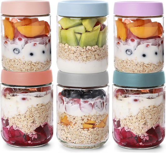 16oz Overnight Oats Containers with Plastic Airtight Lids, 6 Pack Wide Mouth Mason Salad jars, Glass Food Storage Containers for Snacks Sugar Spice Yogurt