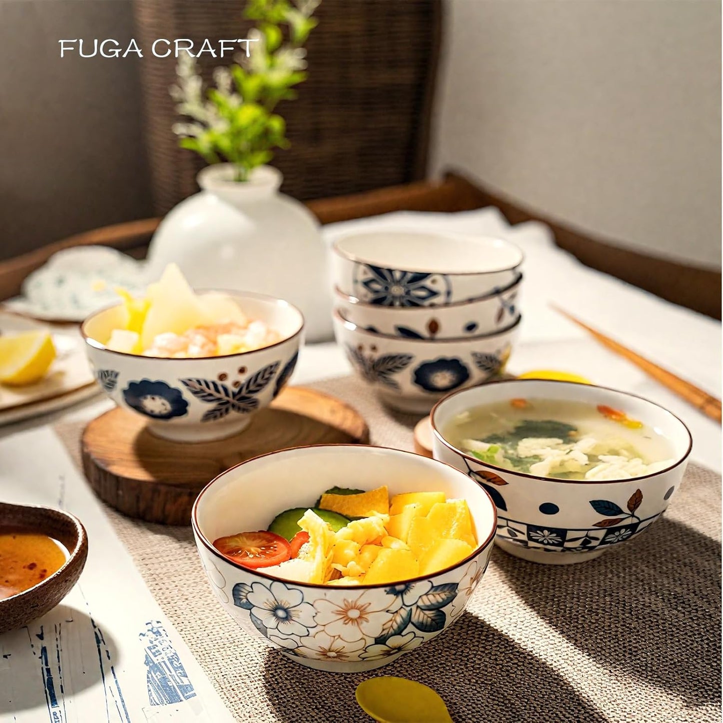 Flower Edge Ceramic Bowls, 4.5-Inch for Kitchen,Rice and Salad, Various Combinations of Japanese Style Blue and White Porcelain (Set of 4)