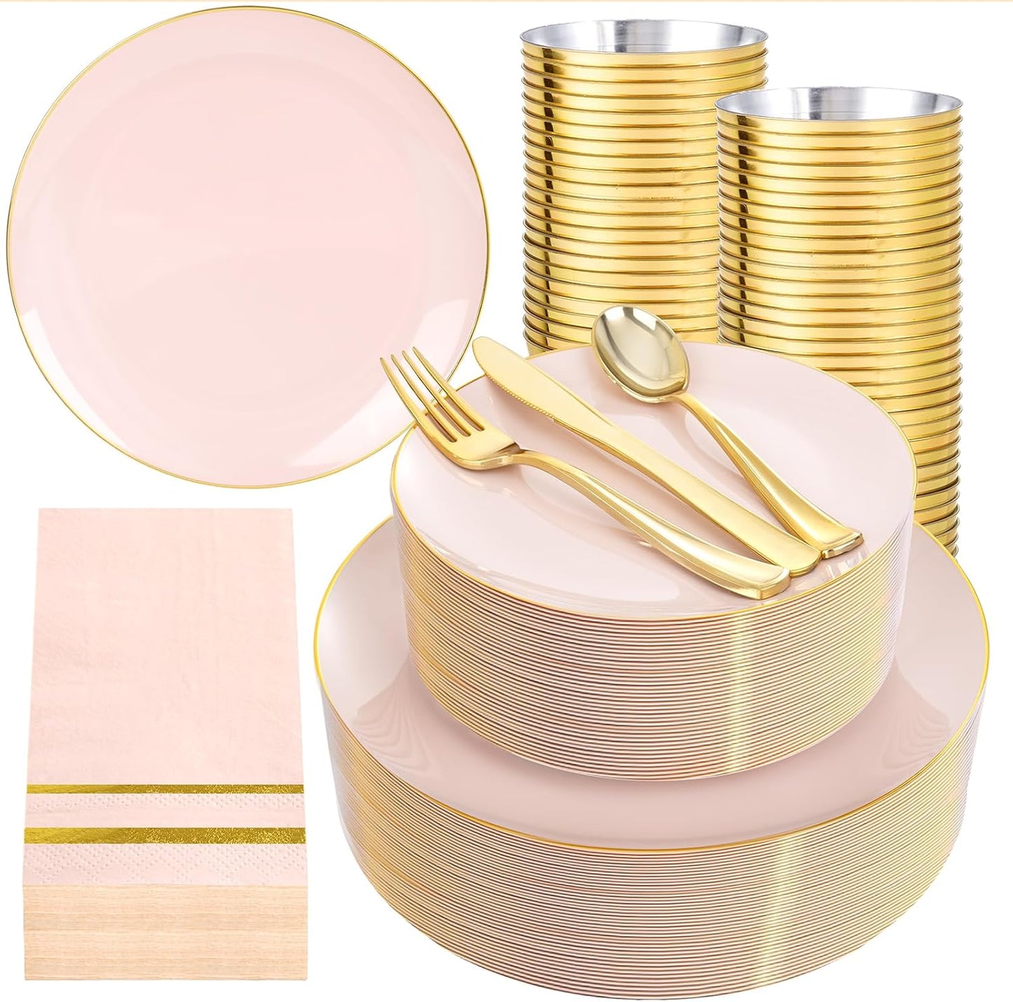 NOCCUR 350PCS Pink and Gold Plastic Plates - Pink Disposable Plastic Dinnerware Set for 50 Guests Include 50 Dinner Plates,50 Dessert Plates,150 Gold Cutlery,50 Cups&50 Napkins for Party&Wedding
