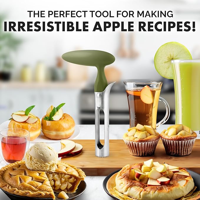 Zulay Kitchen Premium Apple Corer Tool - Ultra Sharp, Stainless Steel, Serrated Blades for Easy Coring - Easy to Use & Clean, Durable Apple Corer Remover for Baking Apples & More - Olive Green