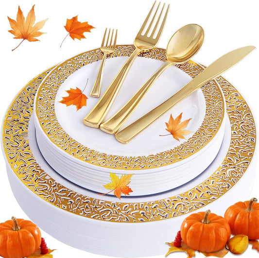 WDF 150PCS Gold Thanksgiving Plastic Plates Set Fall Plastic Plates 25Guests Gold Disposable Dinnerware Sets for Thanksgiving