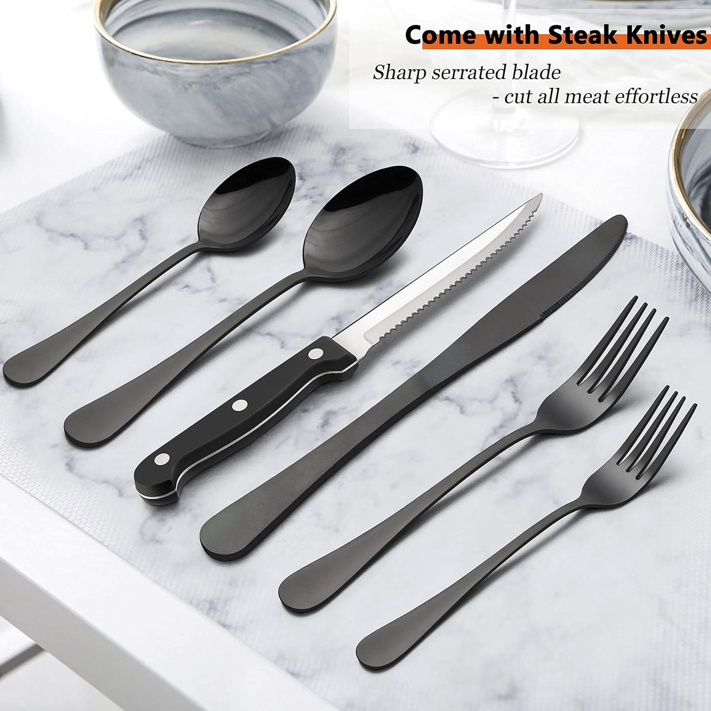 LIANYU 48-Piece Black Silverware Set with Steak Knives, Stainless Steel Flatware Cutlery Set for 8, Modern Eating Utensils Tableware, Mirror Finish, Dishwasher Safe