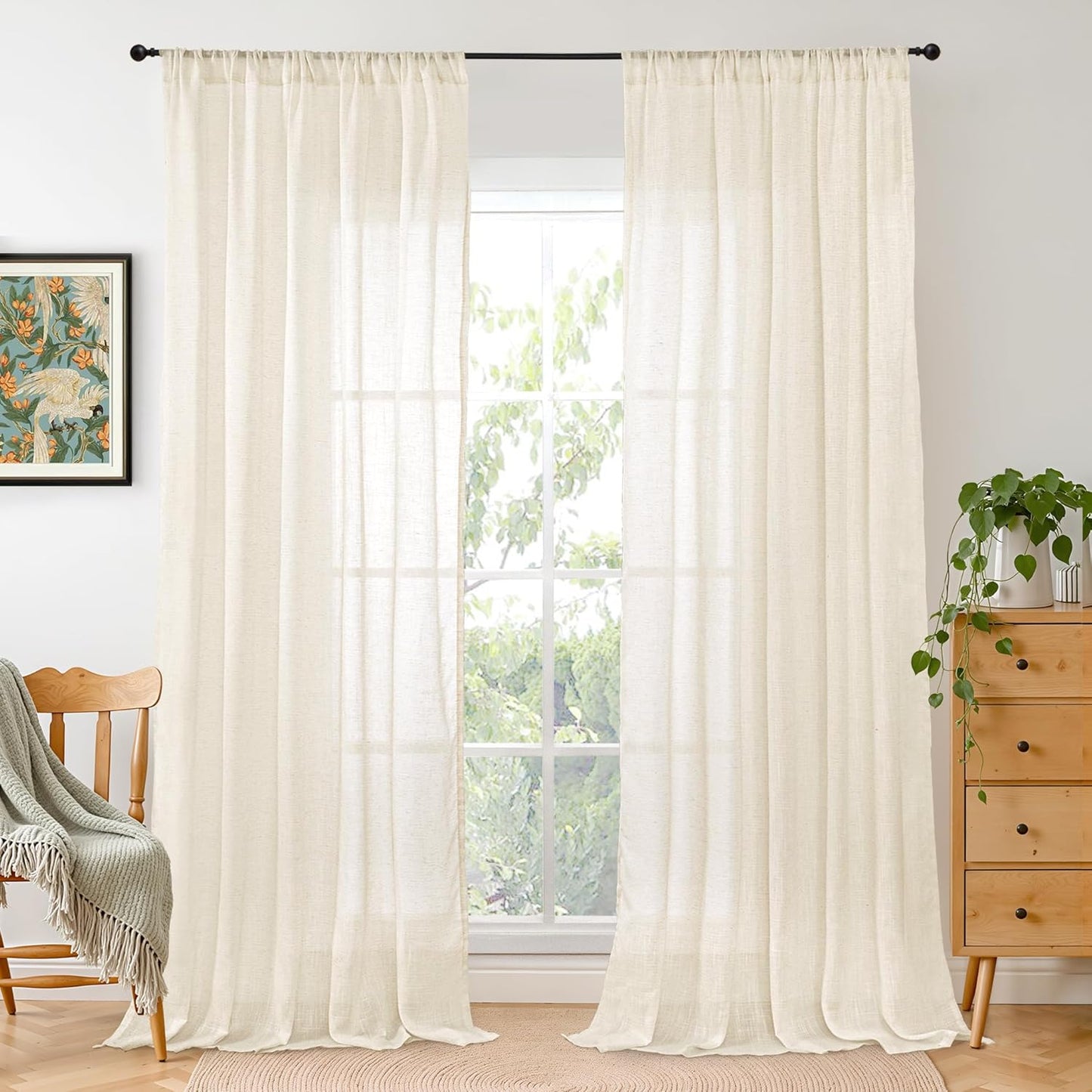 BGment Linen Curtains 102 Inches Long for Living Room, Semi Sheer Light Beige Window Drapes for Bedroom Farmhosue Decor Floor Length with Rod Pocket Leightweight, 2 Panels Set, Each 52 Inch Wide