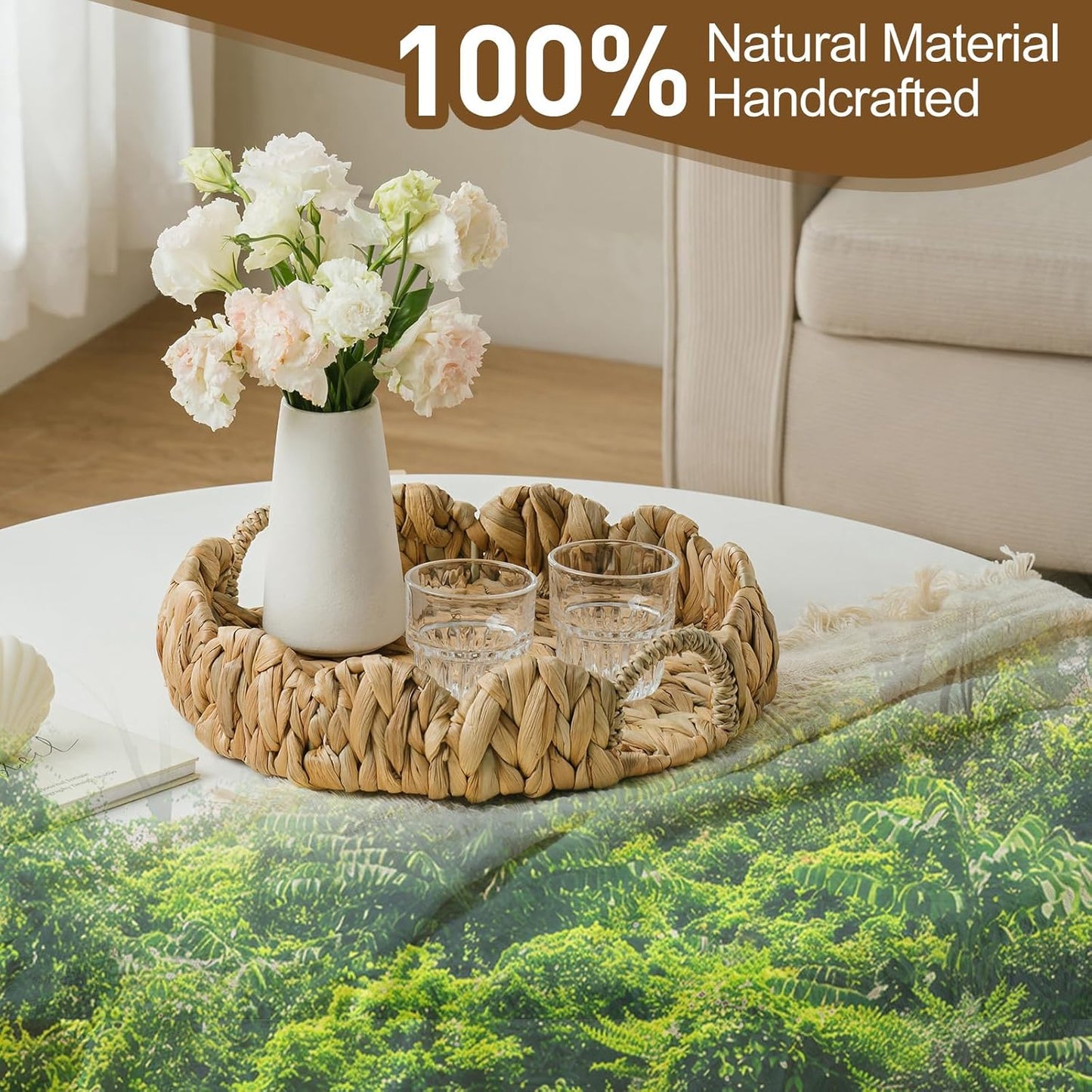 Round Wicker Scalloped Serving Tray with Handles - Seagrass Handwoven Trays,Water Hyacinth Tray for Home Decor and Living Room, Dining Table, Bathroom Organizing, 12.9" L x 12.9" W x 3.5" H