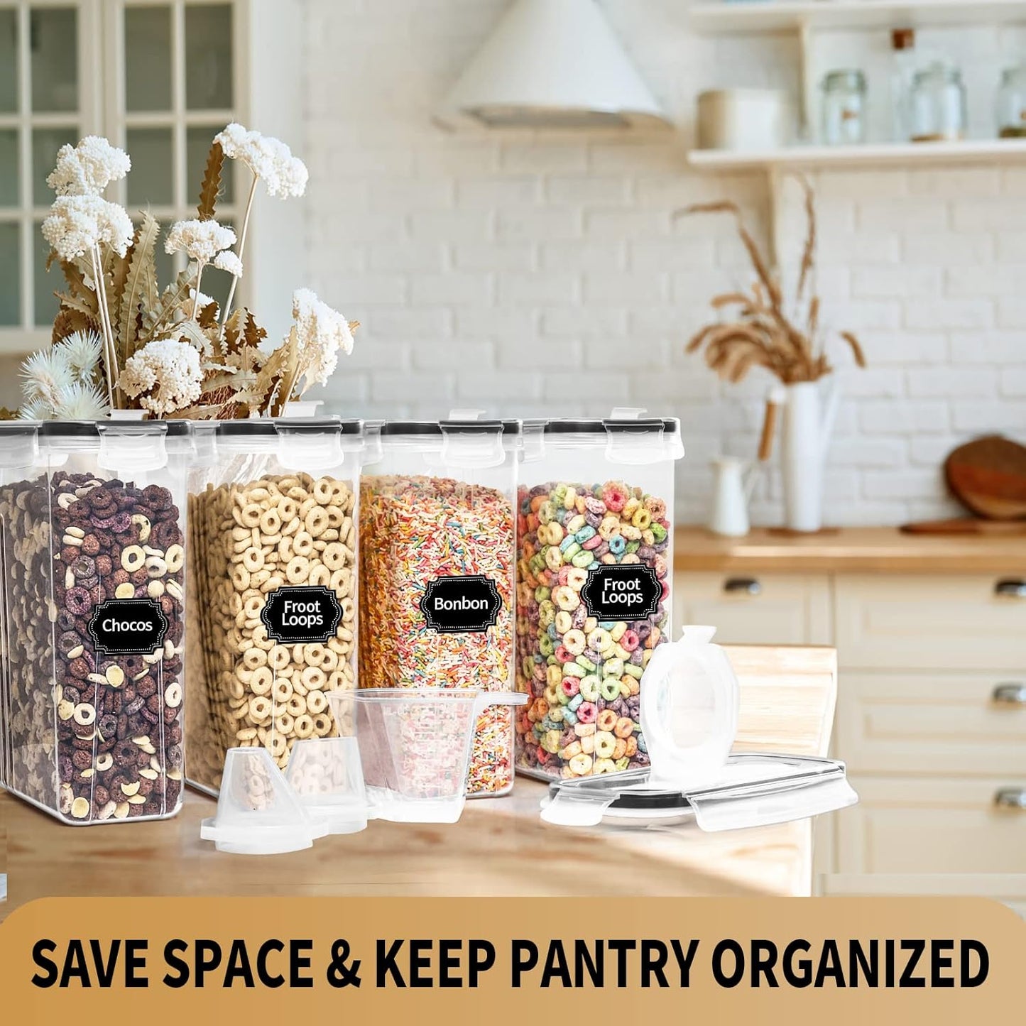 PRAKI Cereal Containers Storage Set (4L,135.2 Oz), 4PCS Airtight Food Storage Containers with Pour Spout for Kitchen & Pantry Organization Cereal Dispensers with 20 labels, Measuring Cup & Marker