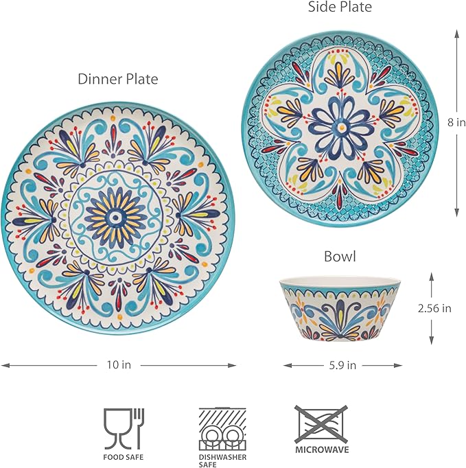 Bzyoo 12-Piece Melamine Dinnerware Set - Madallion | Lightweight, Durable, BPA-Free | Dishwasher Safe Dish Set for Indoor & Outdoor Use - Perfect for Camping, BBQs, Kids Parties