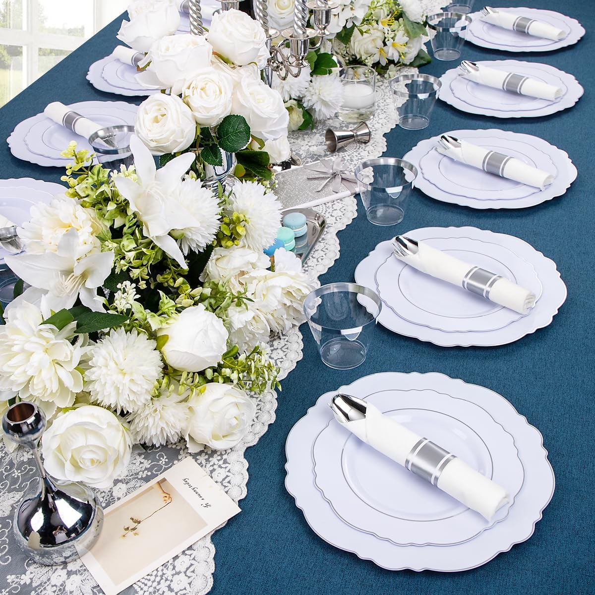 Liacere 350PCS Silver Plastic Plates-Disposable White and Silver Plates 50guest Baroque Plastic Dinnerware Set include 100Plates, 50Pack Pre Rolled Napkins with Silverware 50Cups Perfect for Christmas