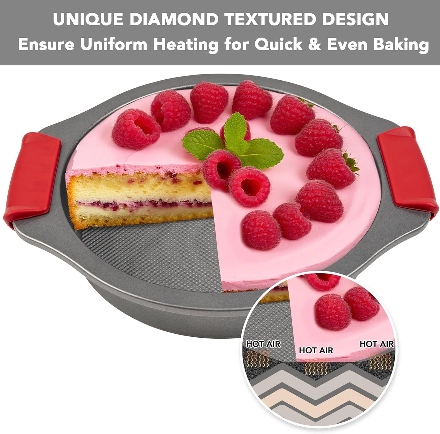 Tiawudi 9" Round Cake Pan Set of 2, 0.8mm Thick Heavy Duty Bakeware for Tiered & Layered Cakes, Nonstick Baking Pan with Diamond Texture for Even Heating, Cake Mold with Silicone Grip Handles