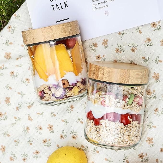 YUNCANG Glass jars with Airtight Lids, 16oz Overnight Oats Containers with Bamboo Lids, 6 Pack Wide mouth Mason Salad jars, Glass Food Storage Containers for Spice Sugar Snacks Yogurt