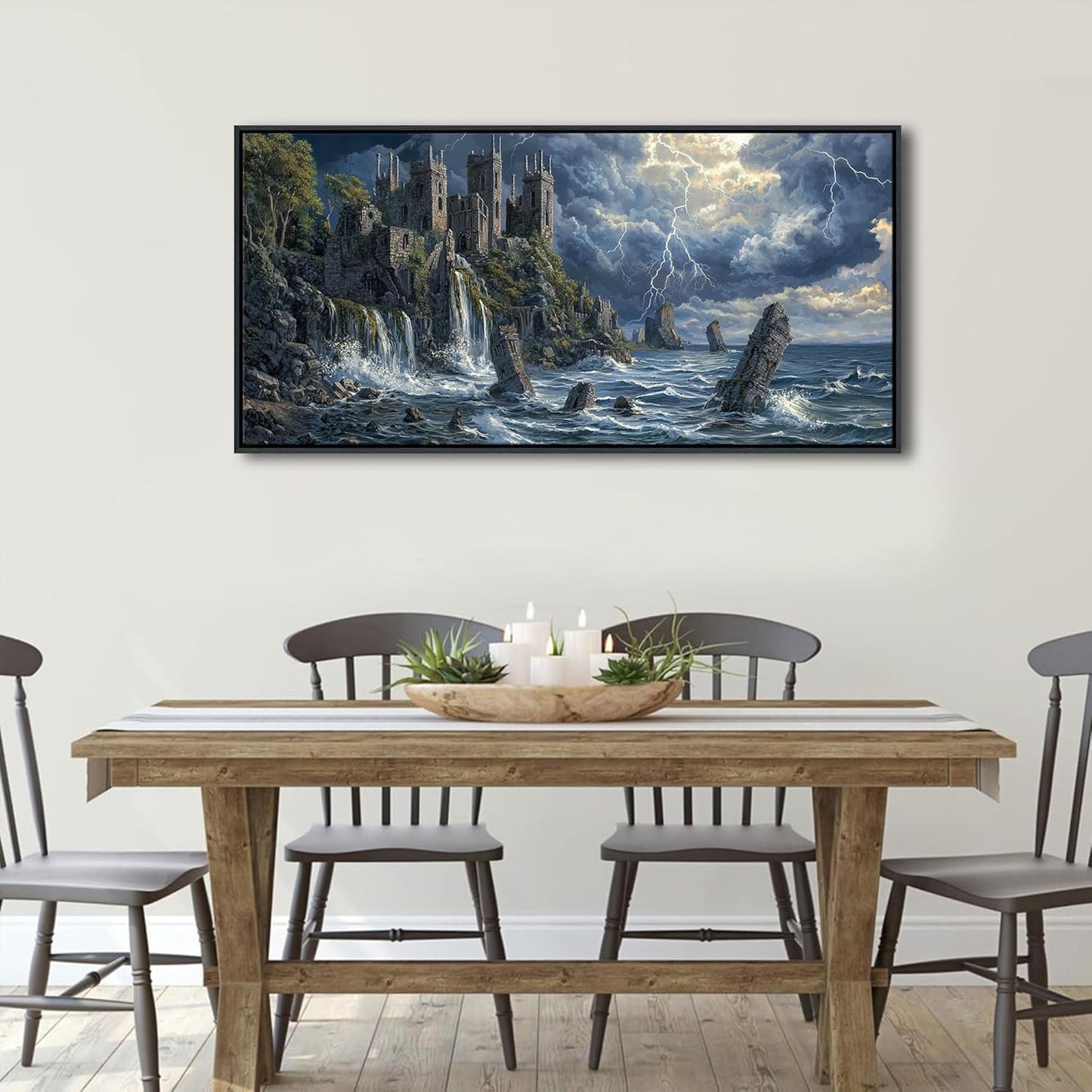 QZQCBLC Large Canvas Wall Art - Abstract Clouds Ocean Lightning Framed Landscape Gloomy Castle Paintings Artwork Picture for Living Room Bedroom Kitchen Home Painting Decor 24"X48"