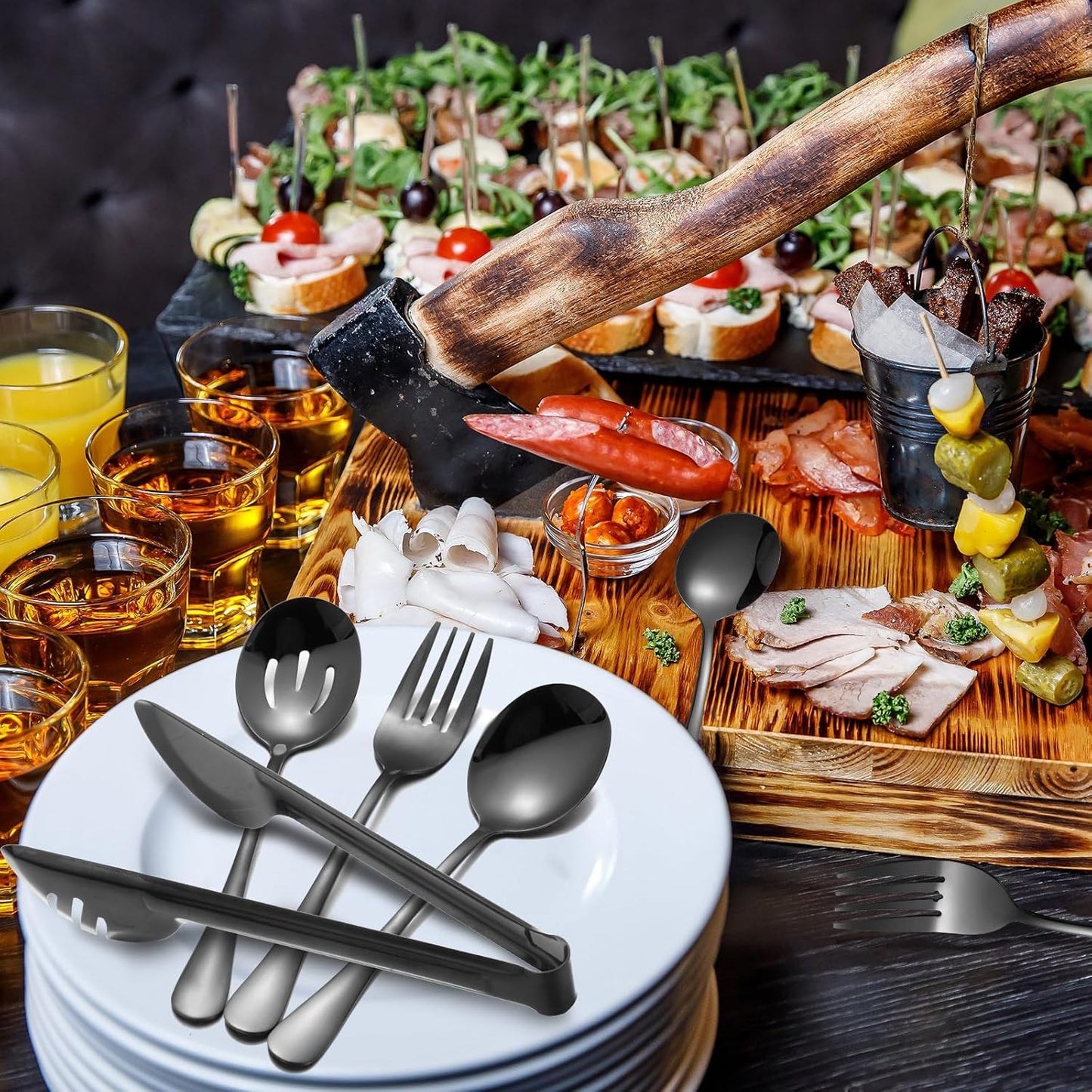 Patelai 15 Pieces Christmas Stainless Steel Black Serving Utensils Set 8.7" Large Spoons and Slotted Spoon 9.45" Tong 9" Forks Flatware Wedding Party Buffet Banquet Cooking Kitchen Catering