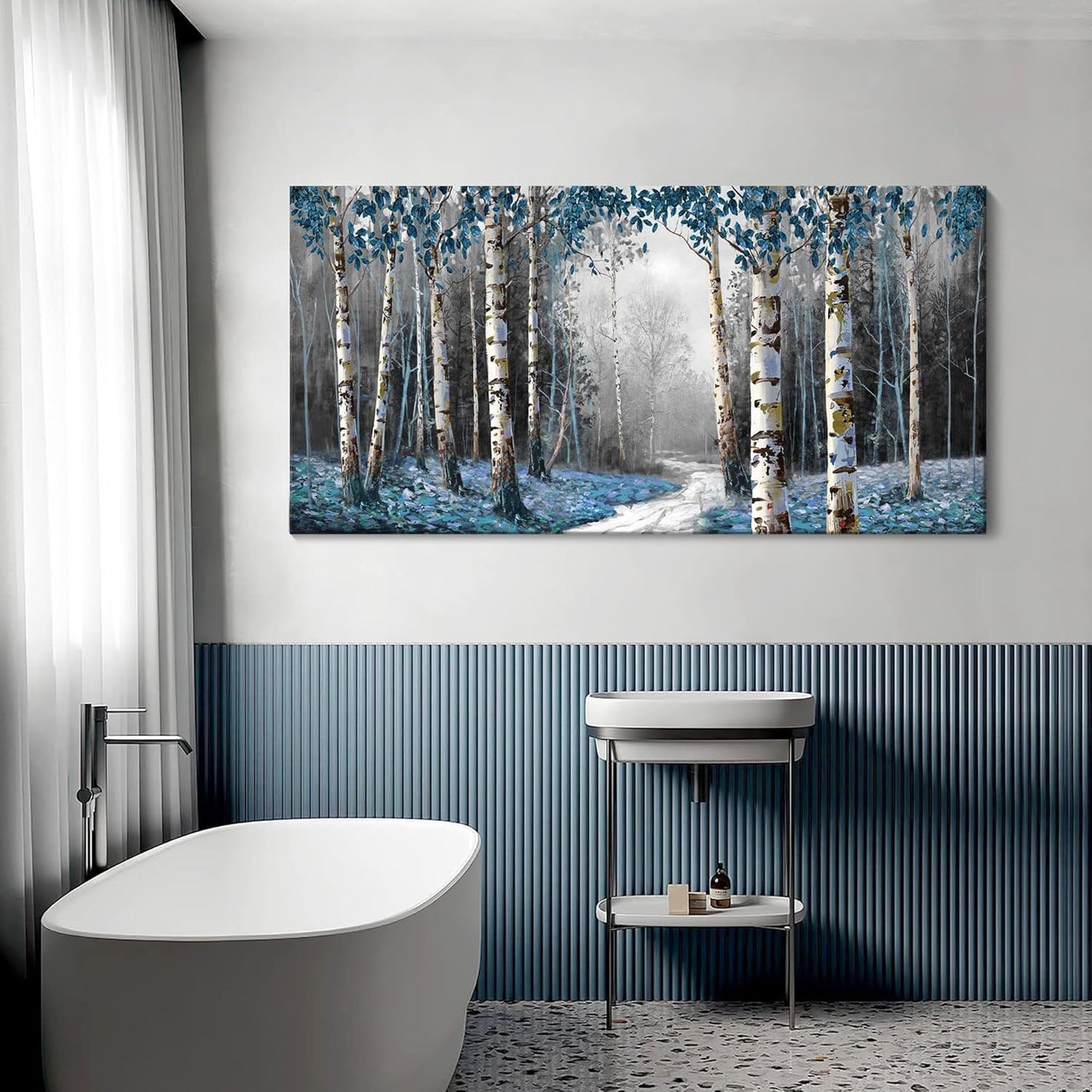 HKDGOKA Large Canvas Wall Art - Gray Blue Tree Abstract Canvas Painting Textured Picture, Modern Landscape Artwork Framed for Living Room Bedroom Bathroom Office Home Decor 58"x29"