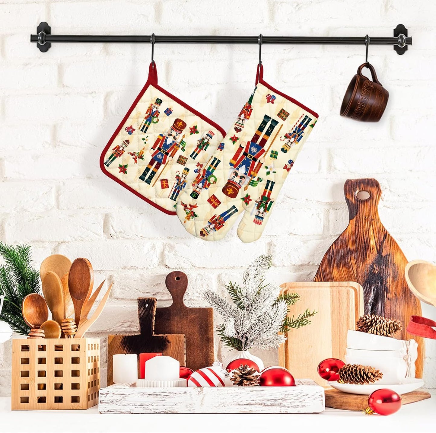 Christmas Nutcracker Oven Mitts and Pot Holders Sets 2Pcs, 100% Cotton Heat Resistant, Extra Long Oven Gloves Potholder for Kitchen Cooking Baking Decoration