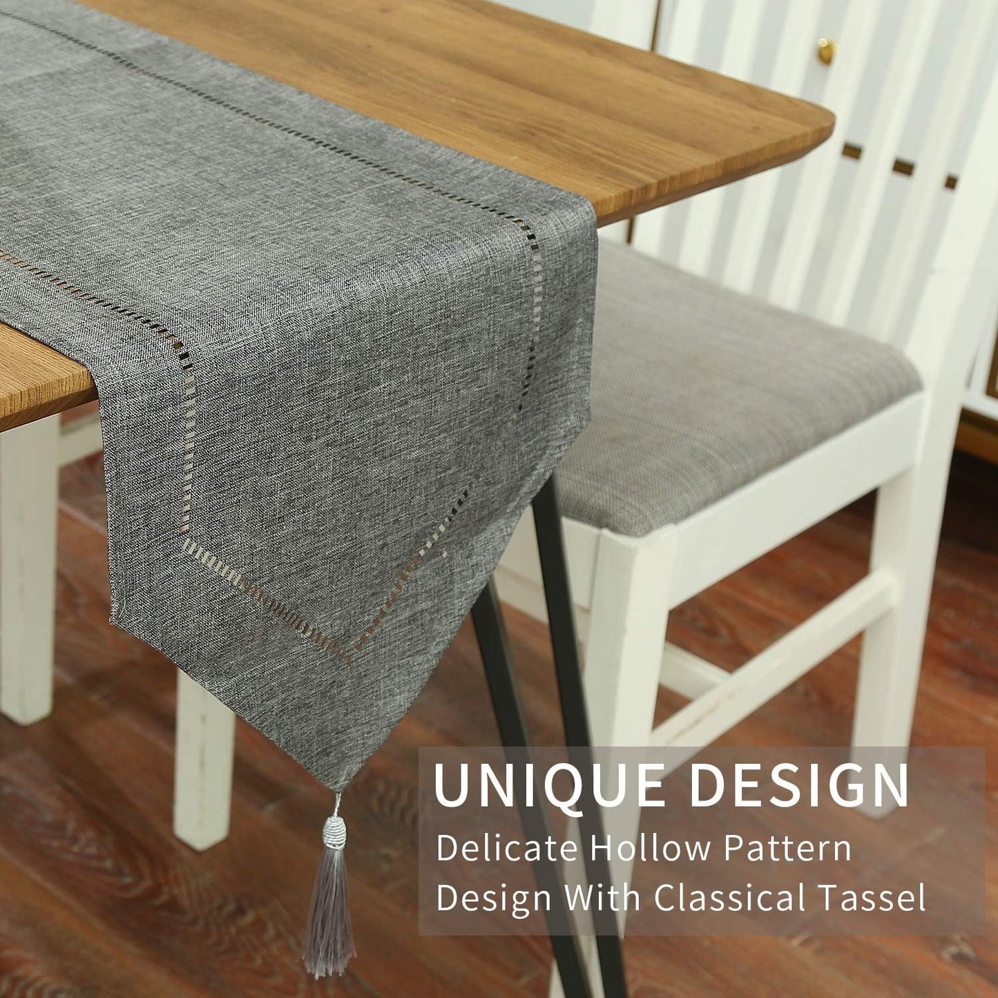 Tosewever Decorative Linen Table Runner with Tassels Tabletop Collection 14 x 72 Inches Table Runners for Everyday Dining Wedding Party Holiday Home Decor (14" x 72", Grey)