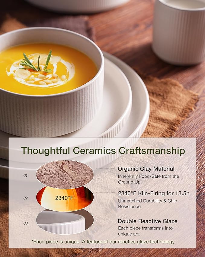 Famiware Star Dinnerware Set with Pasta Bowls, Service for 6 (24 Pieces), Ribbed Stoneware Plates and Double Bowls Sets - Chip & Scratch Resistant, Microwave & Dishwasher Safe Dishes, Matte White