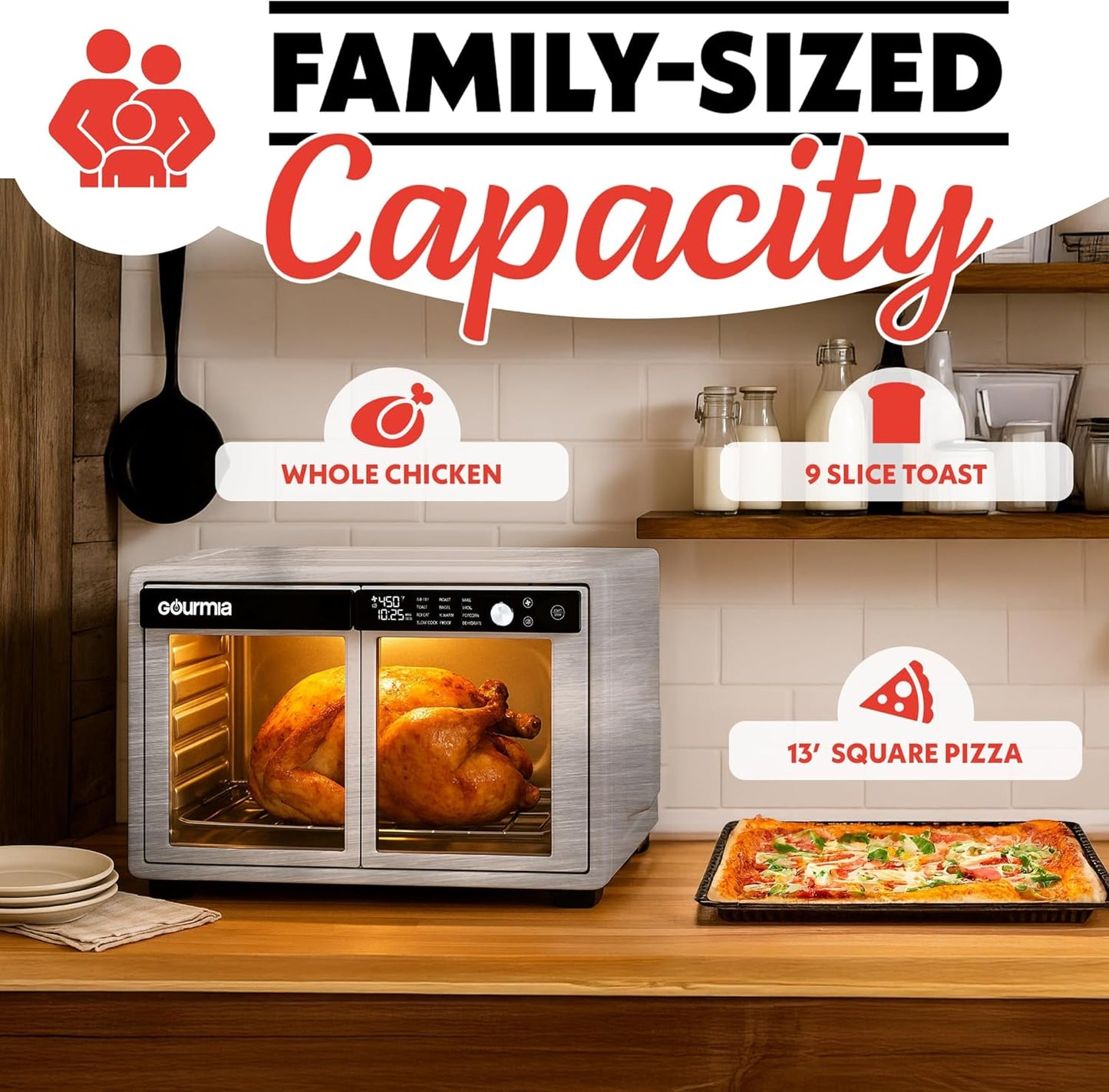 Gourmia French Door Digital Air Fryer Oven - XL 37QT Capacity, 12 Presets, FryForce 360° Tech, Dehydrate, Proof, Slow Cook, Fits 13” Pizza, 1700W, Stainless Steel