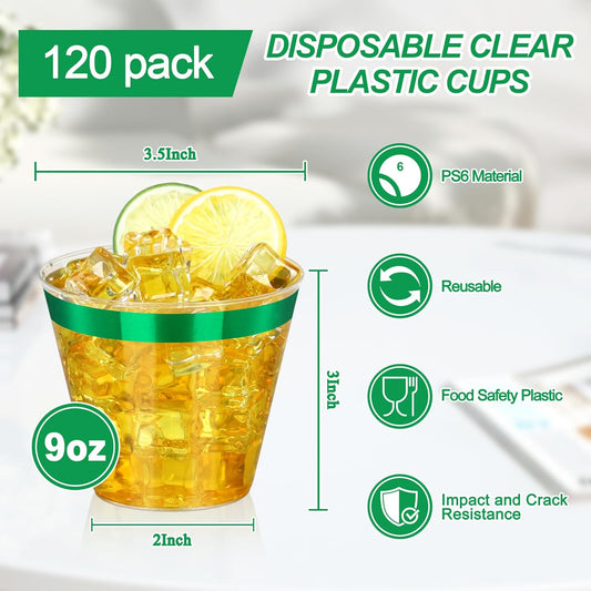 120 Pcs Green Plastic Cups,9Oz Green Rimmed Plastic Cups,Heavy Duty Clear Disposable Plasitc Cocktail Tumblers Wine Cup for Party,Wedding,Birthday,Christmas