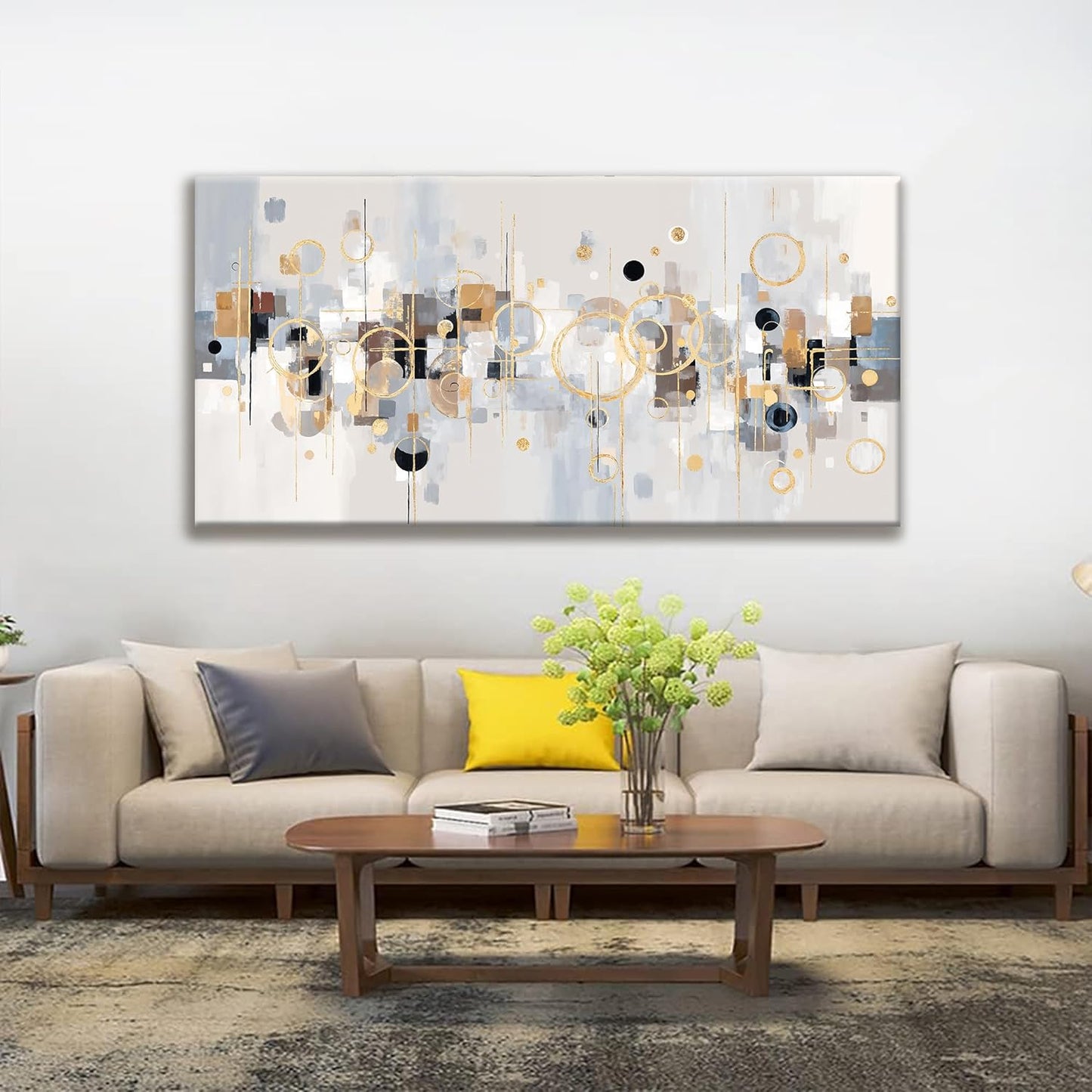 Large Wall Art Decor Minimalist Gold Circles Grey Abstract Wall Art Living Room Home Wall Decor 29x58 Inch Artwork For Walls Office Bedroom Kitchen Canvas Prints
