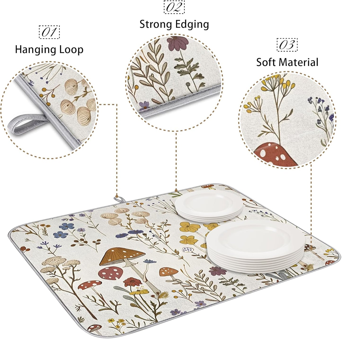 Dish Drying Mat for Kitchen - Cute Mushroom Wild Plant Print Microfiber Kitchen Mat, Non-Slip Absorbent Sink & Countertop Protector, Reusable for Dishes Bowl Cup Pan Large 18x24 Inches