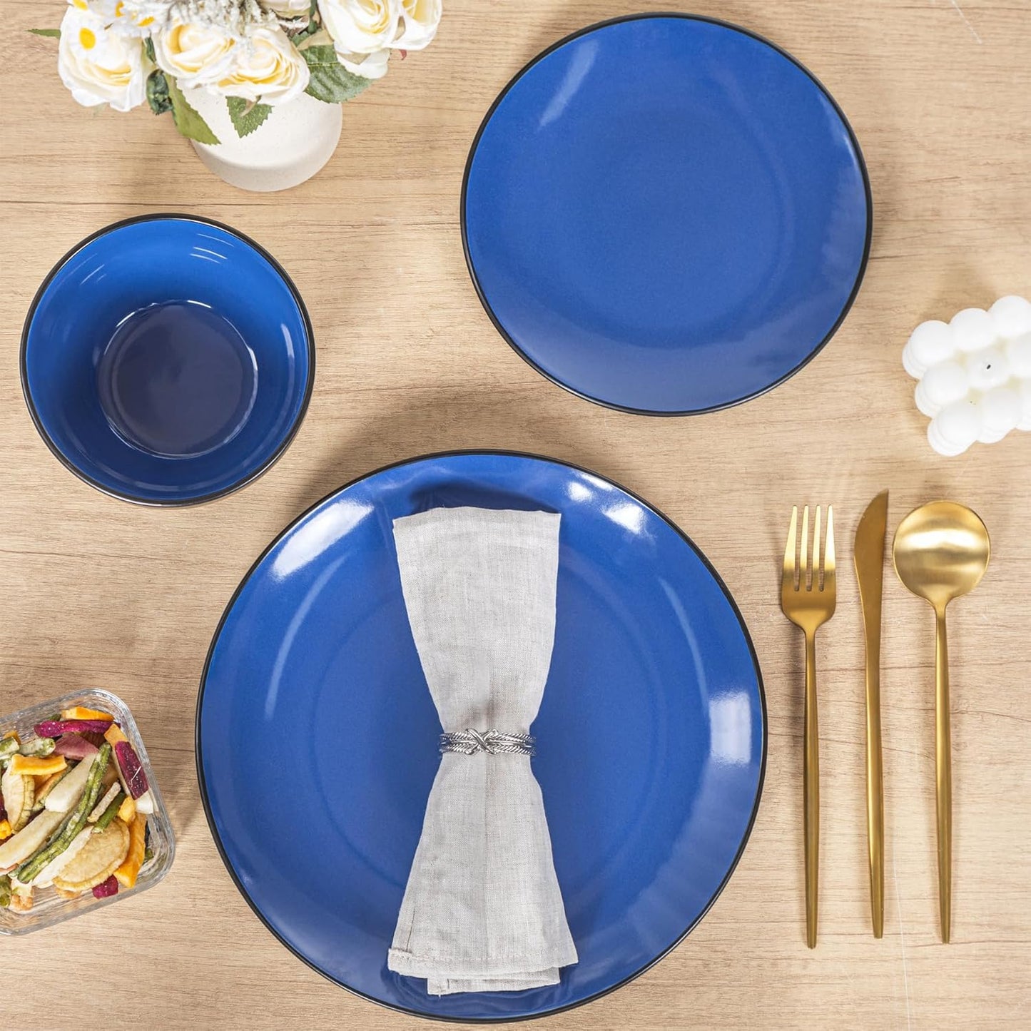 Plates and Bowls Sets for 4 - CJDC-QUELO 16-Piece Stoneware Dinnerware Sets, Ceramic Dishware Set for Indoor Kitchen Use and Formal Dining, Chip and Scratch Resistant Microwave Dishwasher Safe, Blue