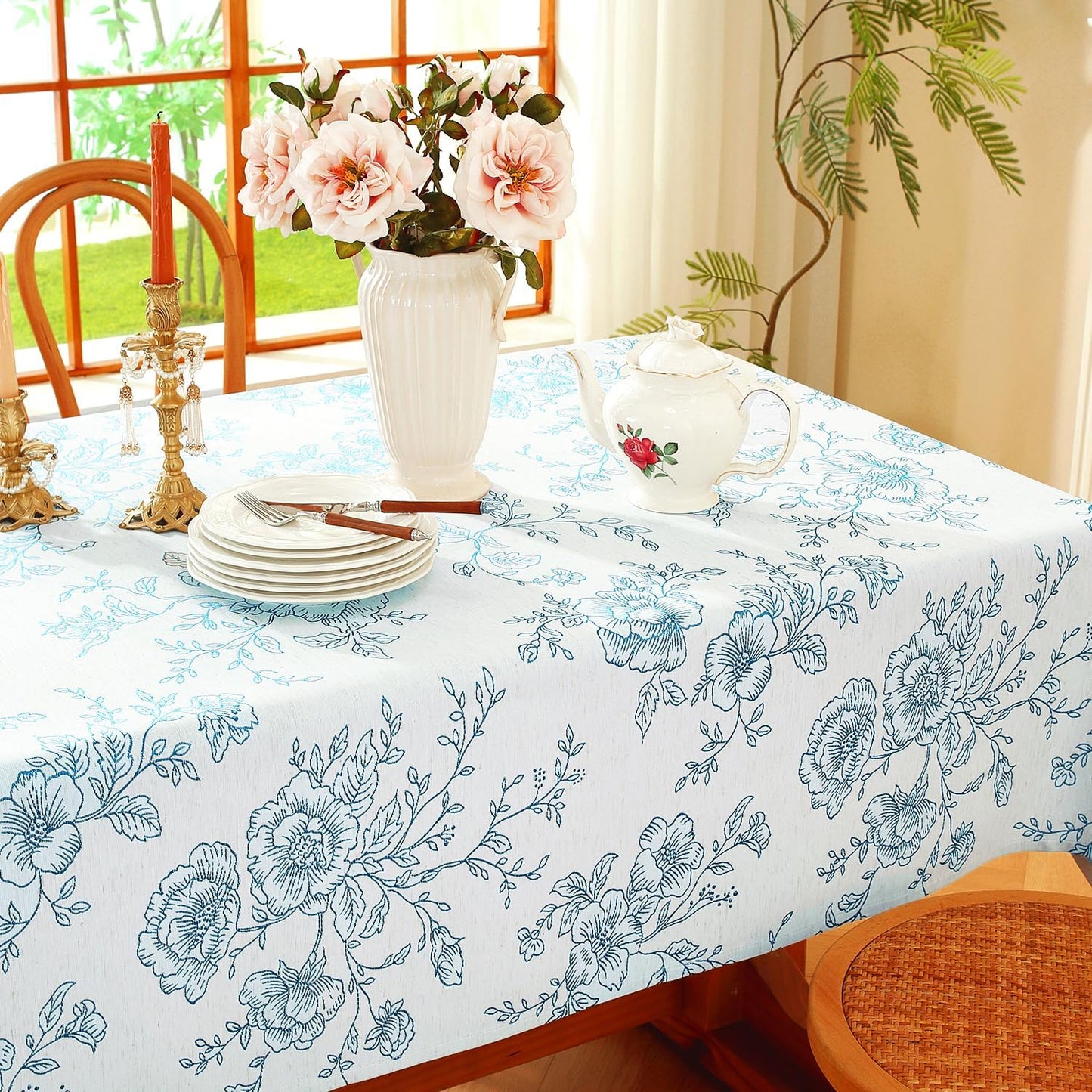 Chassic Premium Vintage Farmhouse Damask Floral 60 x 120 inch Rectangle Table Cloth – Water Resistant Linen Textured Jacquard Tablecloth for Kitchen Dining & Picnic Decor - Blue