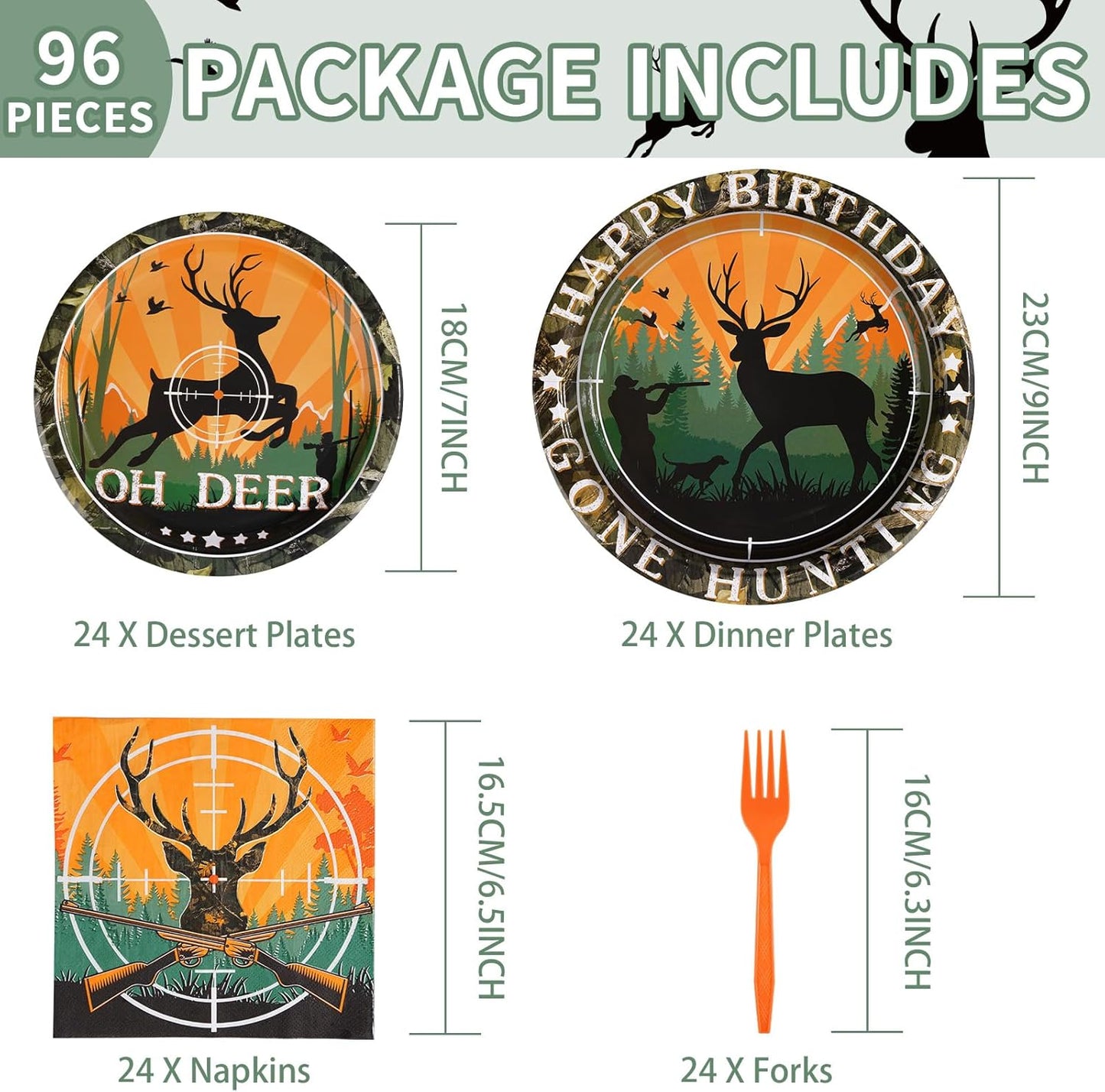 96Pcs Hunting Camo Party Supplies Oh Deer Hunting Birthday Party Decorations 350GSM Disposable Hunting Theme Birthday Tableware Set Camo Plates Napkins Forks for Outdoor Camping Picnic Decor Serves 24
