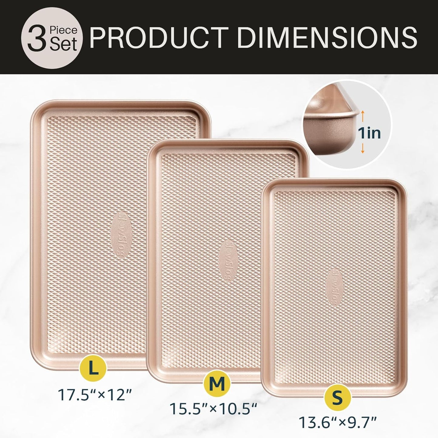 3Pcs Baking Sheet Pan Set, Large Nonstick Cookie Sheets Set, Jelly Roll Pans, Heavy Duty Carbon Steel Cookies Sheet for Oven, Diamond Texture, Gold