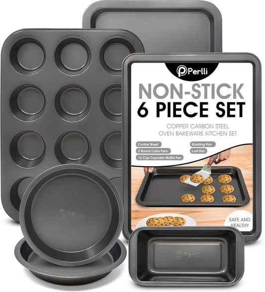 Perlli Baking Set 6 Nonstick Carbon Steel Oven Safe Gray PTFE PFOA Free Bakeware - Cookie Sheet, 2 Rounds, 12 Cup Muffin Pan, Roaster & Loaf Pan