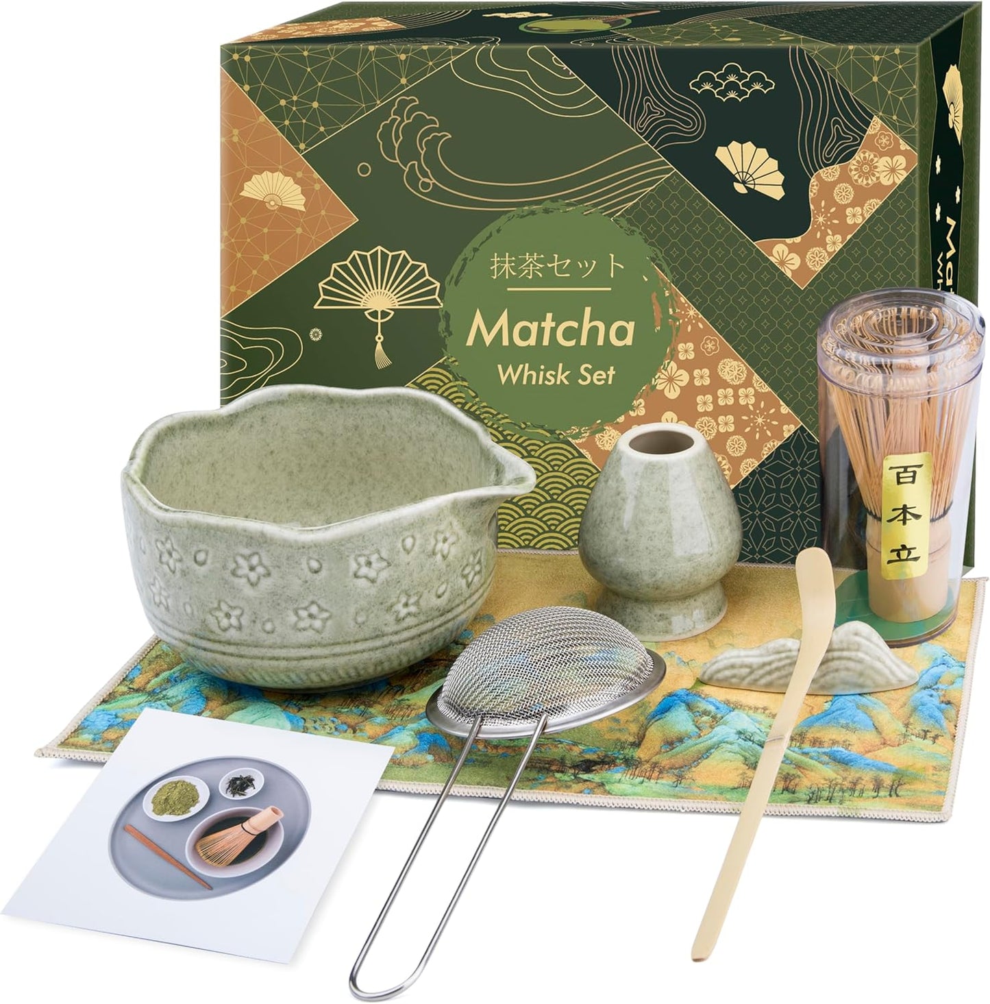 Matcha Whisk Set - 7 PCS Matcha Kit, Matcha Set for Making Breakfast Green Tea Lattes - Matcha Bowl with Spout, Matcha Whisk Holder - Gift for Tea Beginner, Friend, Daughter, Family