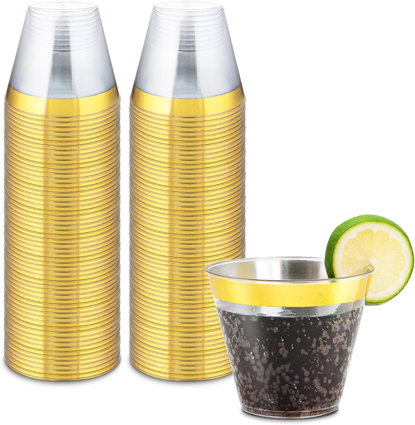 50counts 9 OZ. Disposable Cups Old fashioned Party Tumblers, 9 Ounce Squat Cups Gold Wine Glasses Hard Plastic Cups with Gold Rim