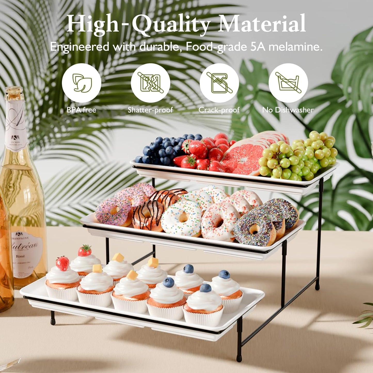 3-Tier Melamine Serving Tray Set, 14"x7" Platters for Serving Food, White Reusable Trays with Black Metal Display Stand for Cupcakes, Sevring Food, Dessert, Fruit, Cookie, Black