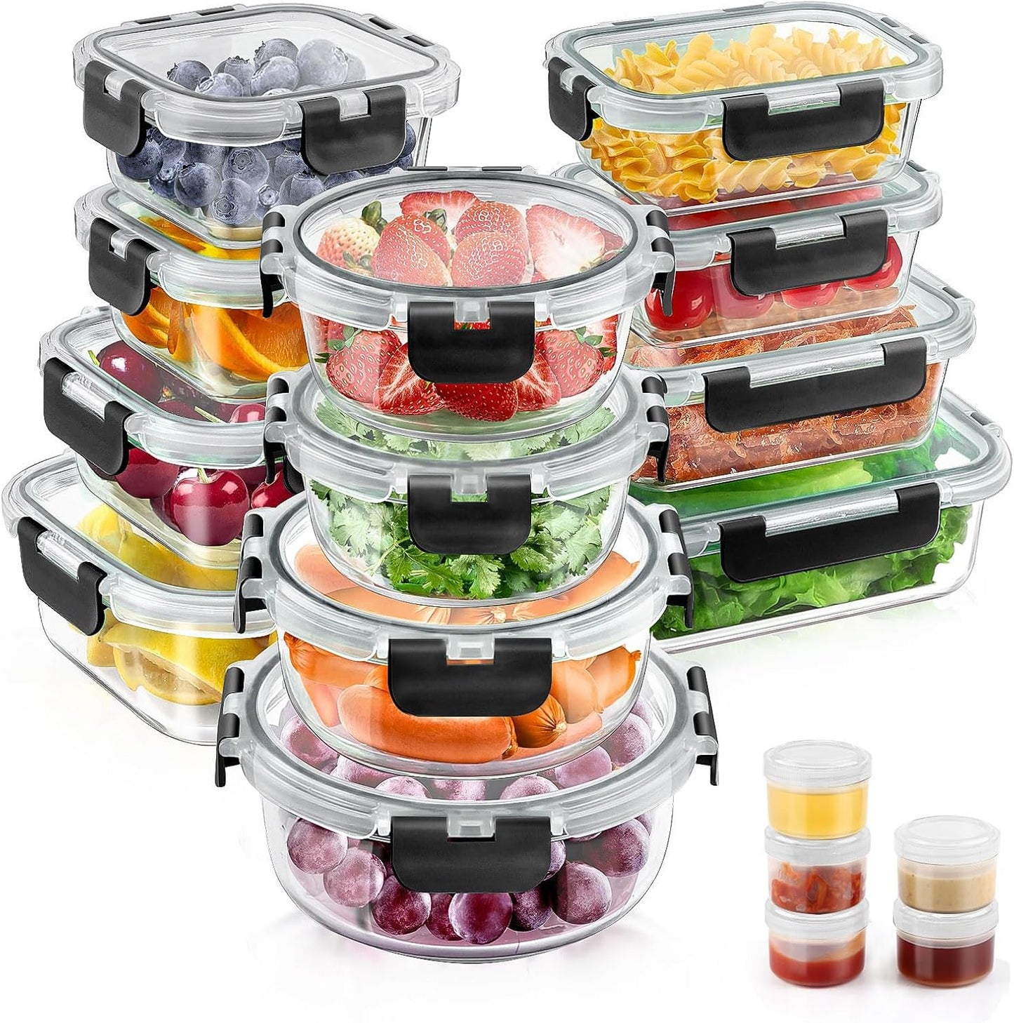34pcs Glass Food Storage Containers with Lids Set, Airtight Glass Meal Prep Containers (17 Containers & 17 Lids), Leak Proof Lunch Container BPA-Free, Microwave, Oven, Freezer, Dishwasher Safe-Black