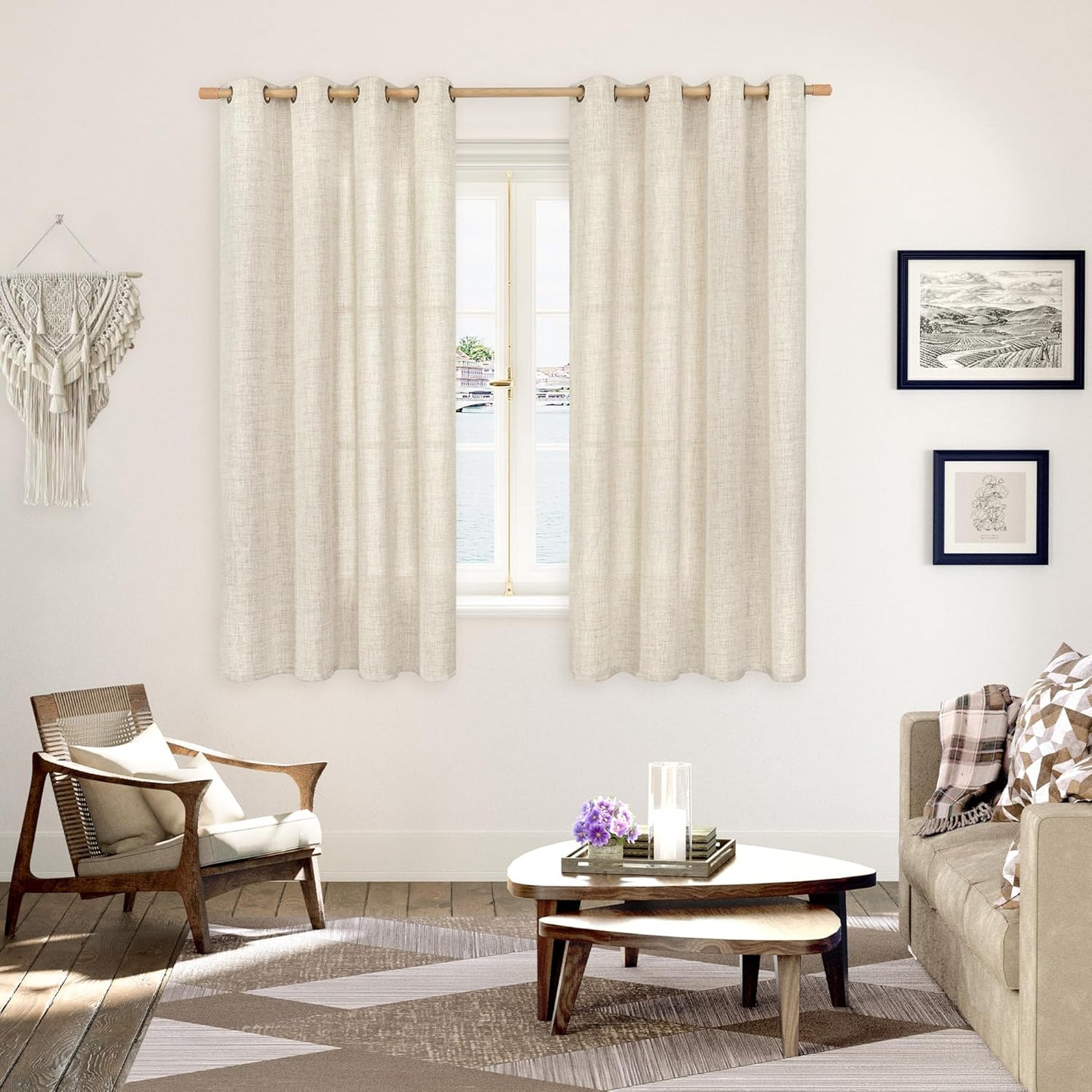 YoungsTex Linen Semi Sheer Curtains 63 Inch Length 2 Panels for Living Room Window - Cream Light Filtering Drapes with Bronze Grommet Textured Rustic for Country Bedroom, 52 x 63 Inch