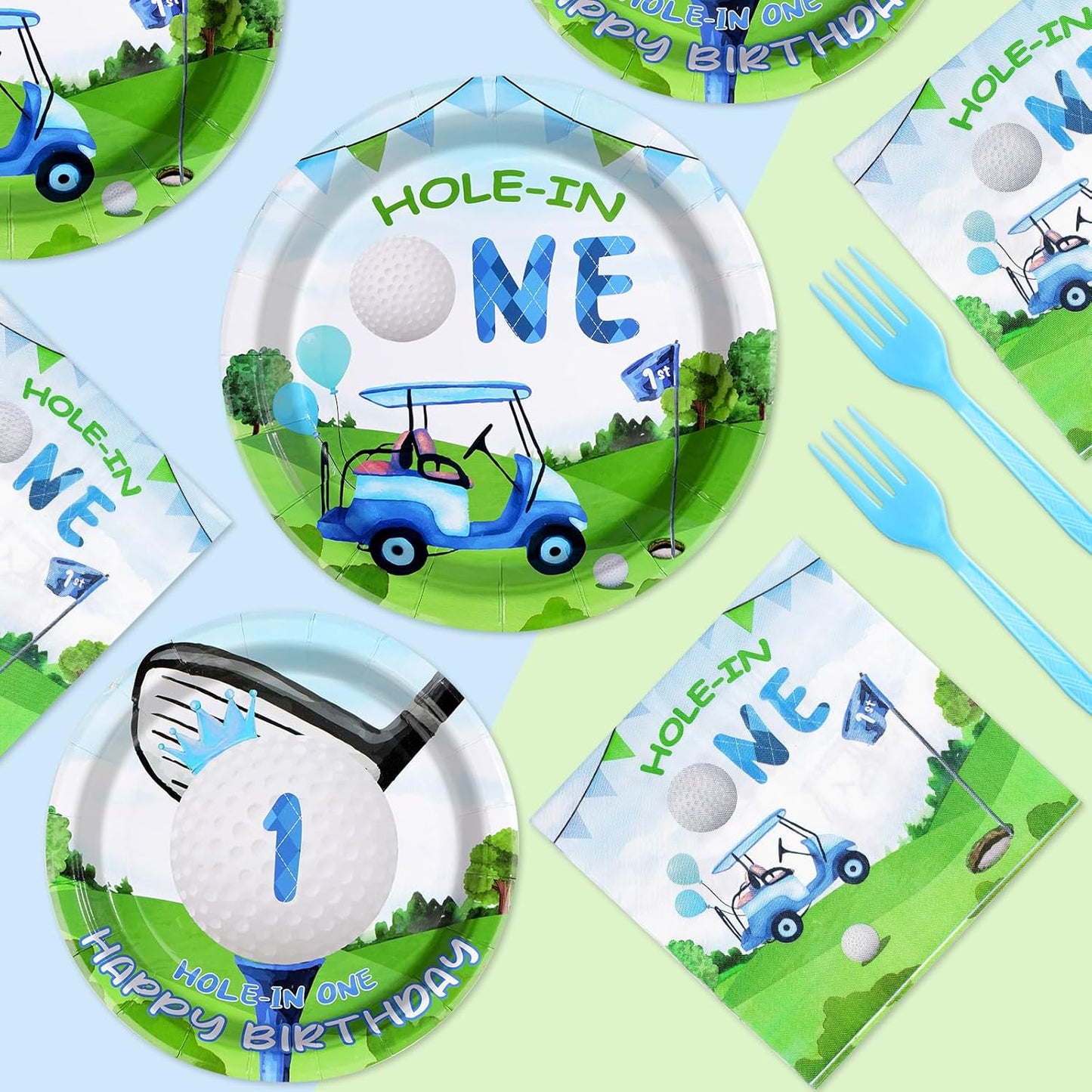 Grencian 96 Pcs Golf First Birthday Party Supplies Hole In One Plates and Napkins Forks Tableware Set for Kids Boys 1st Birthday Party Decorations Golf Ball Sport Game Club Serves 24