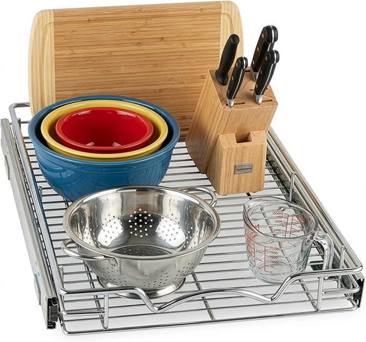 HOLDN’ STORAGE Pull Out Cabinet Organizer, Heavy Duty Caddy w/Lifetime Limited Warranty -14”W x 21”D - Requires At Least 15-1/4” Cabinet Opening, Steel Metal Cabinet Drawers Slide Out, Chrome
