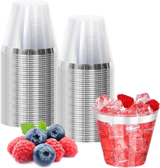50 Pcs Silver Plastic Cups,9Oz Silver Rimmed Plastic Cups,Heavy Duty Clear Disposable Plasitc Cocktail Tumblers Wine Cup for Party,Wedding,Birthday,Christmas