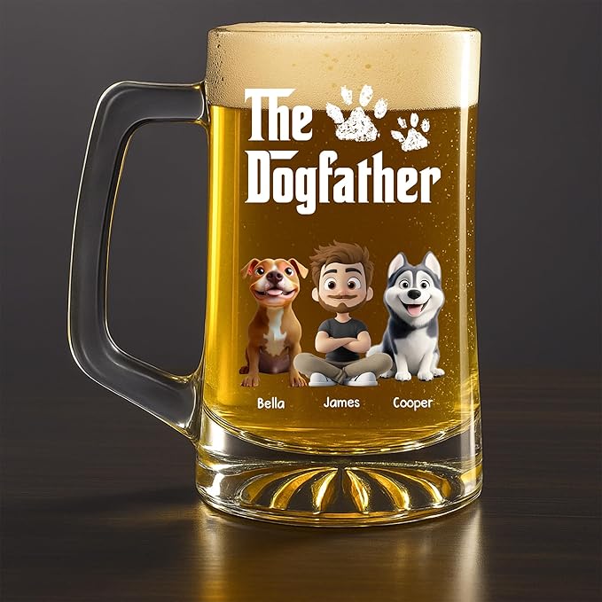 Wrappiness Gift for Dad - Cool Dog Father Personalized Beer Glass With Handle, Custom Breeds and Man Appearance Lovely Fathers Day Pet Papa Gift for Men Pet Lovers, Cute Puppy Owner Drinking Cup