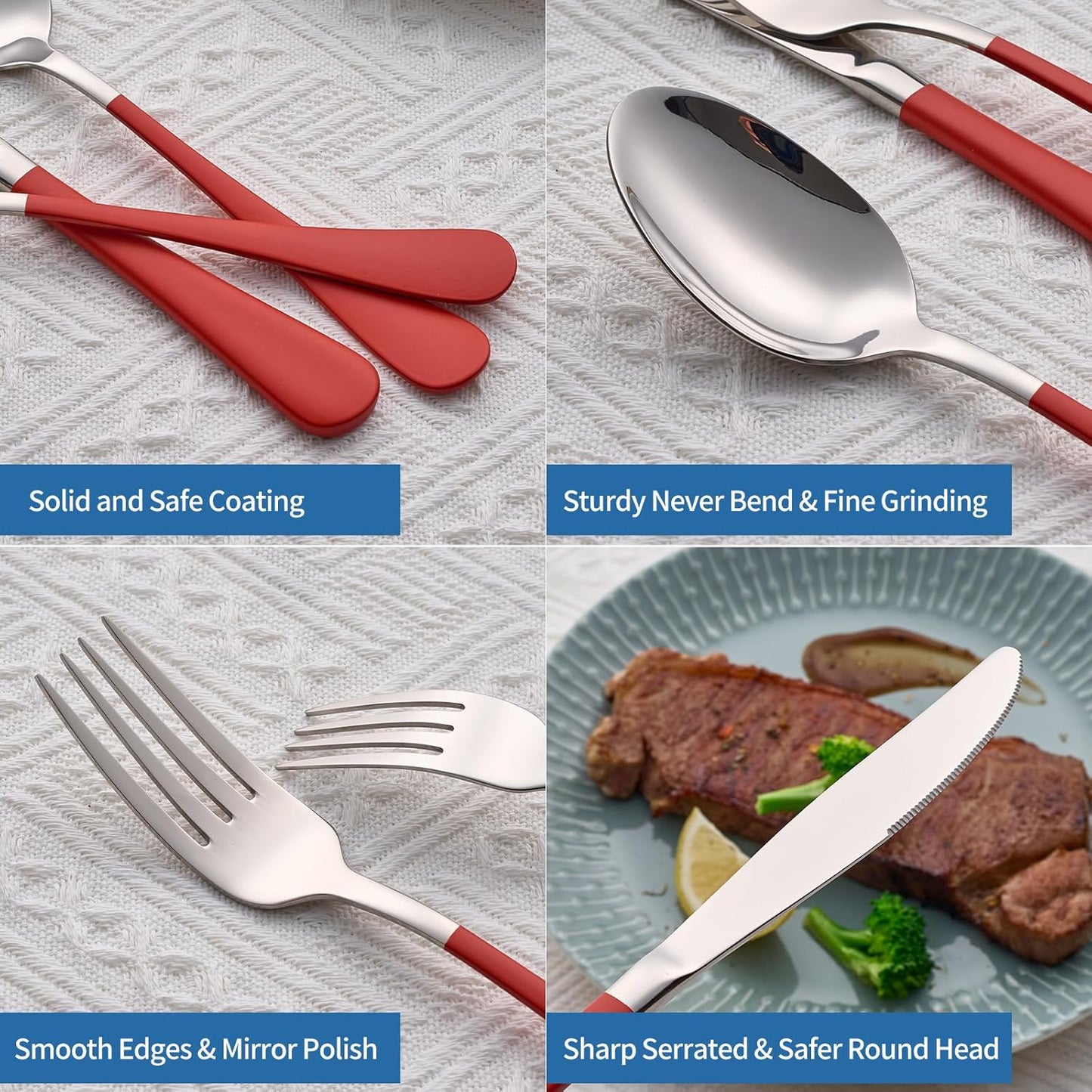 20-Piece Red Silverware Set, 18/0 Stainless Steel Red Handle Flatware Set, Service for 4, Modern Cutlery Set Includes Dinner Knives Forks Spoons, Mirror Polished, Dishwasher Safe