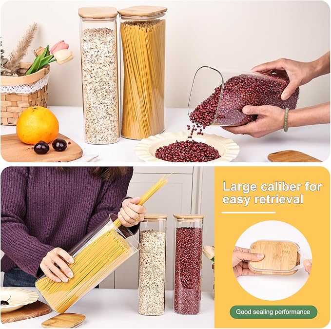 Liuruiyu Glass Storage Jars Set of 3, Clear Glass Food Storage Containers with Airtight Bamboo Lid Stackable Kitchen Canisters for Candy,Cookie,Rice,Sugar,Flour,Pasta(Flat)