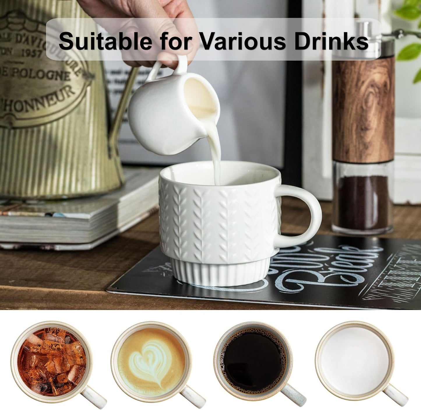 Stackable Coffee Mugs, Coffee Mug Set of 4 with Spoons & Stand, 13oz Espresso Cups for Drinks Latte Cappuccino Tea, Coffee Cup for Housewarming Birthday Gift, Dishwasher Safe, White