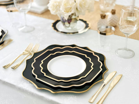 " OCCASIONS " 240 Plates Pack,(120 Guests) Heavyweight Wedding Party Disposable Plastic Plates Set -120 x 10.5'' Dinner + 120 x 8'' Salad / Dessert (Imperial in Black & Gold)