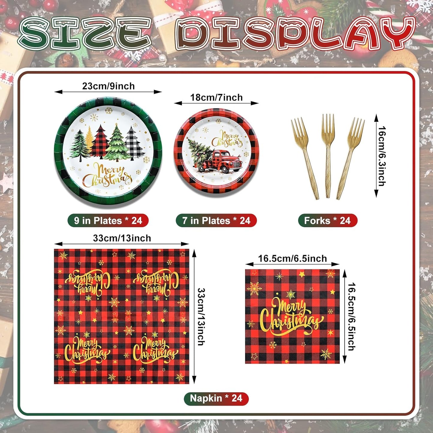 96 Pieces Merry Christmas Disposable Tableware Set - Red and Green Buffalo Plaid Christmas Party Supplies with Paper Plates, Napkins, Forks for Holiday Celebrations, Winter Favors, and Rustic Decor